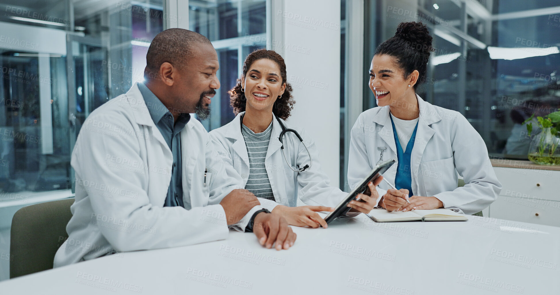 Buy stock photo Happy, progress or doctors with tablet, planning or surgeon reading health treatment in hospital. People, teamwork or meeting for online medical advice on clinic app for web consultation or diagnosis