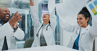 Buy stock photo Happy people, doctor and team with paperwork in celebration for done, success or finished at hospital. Group of excited medical employees with smile or documents in air for winning together at clinic