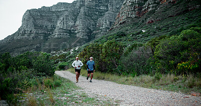 Buy stock photo Running, senior or black people in nature for fitness, health and wellness in retirement to exercise. Mountain, runners or friends on trail for body mobility workout, cardio performance and training