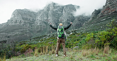 Buy stock photo Victory, mountain or back of man hiking in outdoor adventure celebration in nature for travel. Success, winning and excited person on trail for workout, achievement or trekking to explore in France