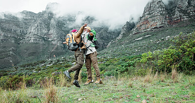 Buy stock photo Victory, hug or friends hiking on mountain in outdoor adventure celebration in nature travel. Success, winning or excited black people jump on trail for chest bump, achievement or trekking to explore