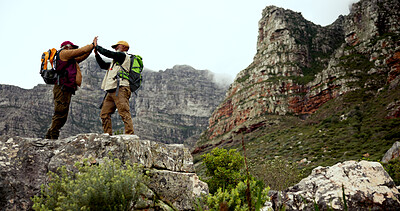 Buy stock photo Hiking, friends and men on mountain high five with backpack for adventure, trekking and fitness. Travel, nature and happy people outdoors for wellness, fresh air or exercise on holiday and vacation