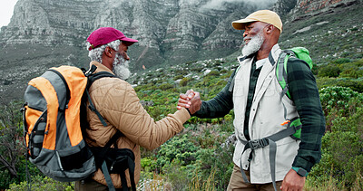 Buy stock photo Happy, shaking hands or friends in nature hiking on mountain in outdoor adventure celebration in travel. Teamwork, winning or proud senior black people in forest for success, achievement or trekking