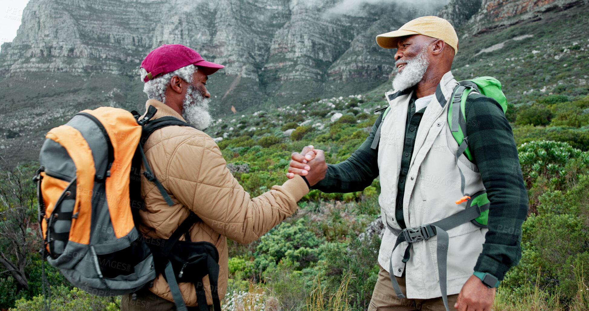 Buy stock photo Happy, shaking hands or friends in nature hiking on mountain in outdoor adventure celebration in travel. Teamwork, winning or proud senior black people in forest for success, achievement or trekking