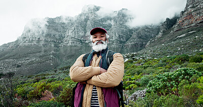 Buy stock photo Portrait, hike or senior black man in nature adventure or journey for confidence or outdoor travel. Confident, crossed arms and hiking on trail for holiday, retirement or trekking to explore France