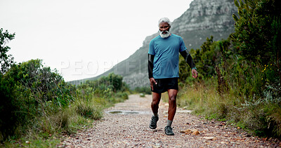 Buy stock photo Hip pain, senior black man and injury in nature for fitness, workout or training with accident. Runner, dead leg and elderly sports person on trail hurt with tendinitis, inflammation and arthritis