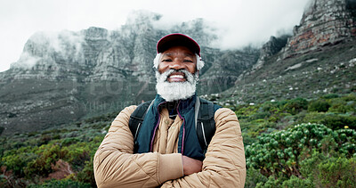 Buy stock photo Portrait, mountain or black man hiking in nature adventure or journey in nature for outdoor travel. Senior, crossed arms and happy hiker on trail for holiday, retirement or trekking to explore France