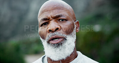 Buy stock photo Senior, man and nature athlete in portrait, determination and endurance for hiking on mountain. Fitness, workout and training or outdoor with black male person, wellness and adventure with hiker