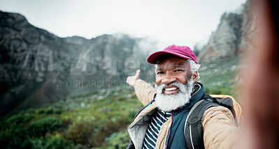 Buy stock photo Hiking, selfie and elderly man on mountain for fitness, hobby or wellness in retirement. Exercise, health and portrait of happy senior African person outdoor in nature for adventure or challenge