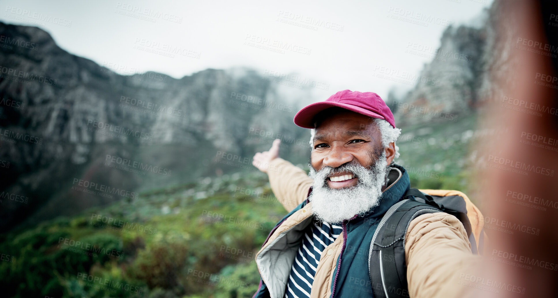 Buy stock photo Hiking, selfie and elderly man on mountain for fitness, hobby or wellness in retirement. Exercise, health and portrait of happy senior African person outdoor in nature for adventure or challenge