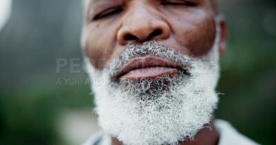 Buy stock photo Senior, black man and outdoor with eyes closed for peace on mountain, mindfulness and breathing for fresh air. Elderly person, closeup and calm in environment for sustainability, serenity and nature.