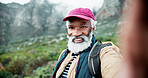 Hiking, selfie and senior black man on mountain for fitness, hobby or wellness in retirement. Exercise, health and portrait of happy elderly hiker person outdoor in nature for adventure or challenge