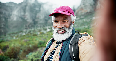 Buy stock photo Hiking, selfie and senior black man on mountain for fitness, hobby or wellness in retirement. Exercise, health and portrait of happy elderly hiker person outdoor in nature for adventure or challenge