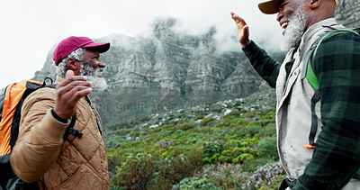 Buy stock photo Victory, high five or friends hiking on mountain in outdoor adventure celebration in nature travel. Handshake, winning or excited senior black people in forest for success, achievement or trekking