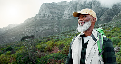 Buy stock photo Thinking, mountain or senior black man hiking in nature adventure or journey in woods or outdoor travel. View, forest and person on trail walking for holiday, break or trekking to explore in France