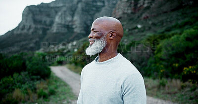 Buy stock photo Black man, mature and smile in nature for fitness, peace and healthy body accomplishment. Senior person, happy and rest on mountain for hiking, wellness and scenic view from pathway or walking trail