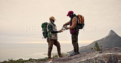 Buy stock photo Hiking, friends and men on mountain with drink for adventure, exercise and fitness. Travel, nature and happy people outdoors for wellness, coffee and trekking on holiday, backpacking or vacation