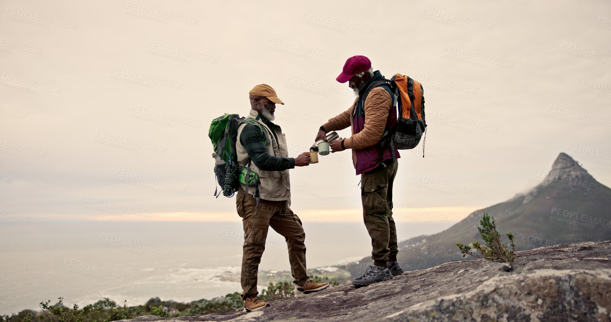 Buy stock photo Hiking, friends and men on mountain with drink for adventure, exercise and fitness. Travel, nature and happy people outdoors for wellness, coffee and trekking on holiday, backpacking or vacation