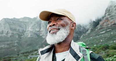 Buy stock photo View, face or senior black man on mountain hiking in outdoor adventure or journey in nature for travel. Happy, thinking and person on trail walking for holiday, break or trekking to explore in France