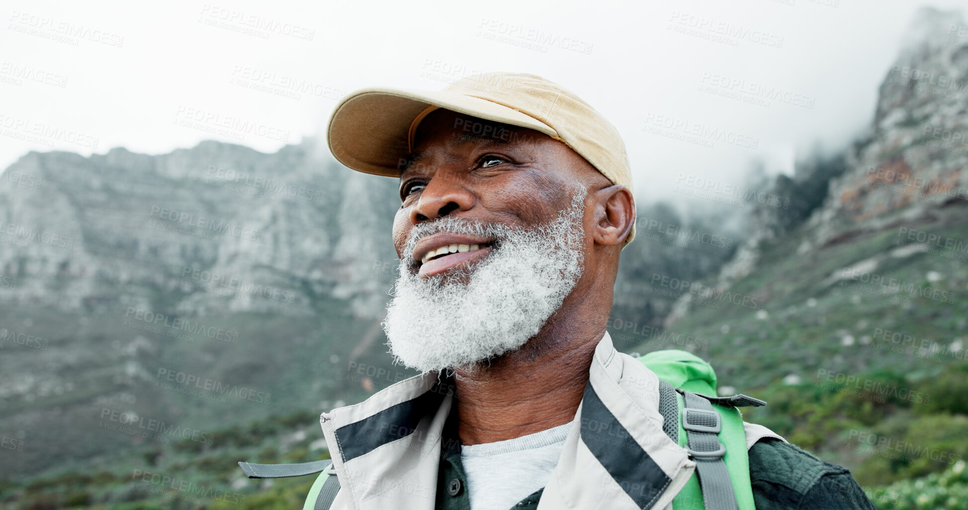 Buy stock photo View, face or senior black man on mountain hiking in outdoor adventure or journey in nature for travel. Happy, thinking and person on trail walking for holiday, break or trekking to explore in France