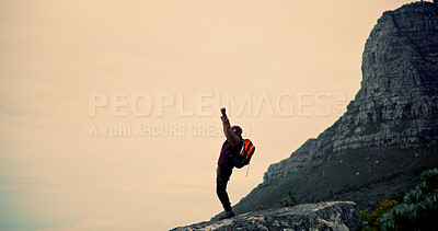 Buy stock photo Man, winner and mountain for hiking achievement, nature or view for trekking goal on vacation. Hiker guy, mockup and fist for celebration, hill and fitness with exercise, success or sunset cliff