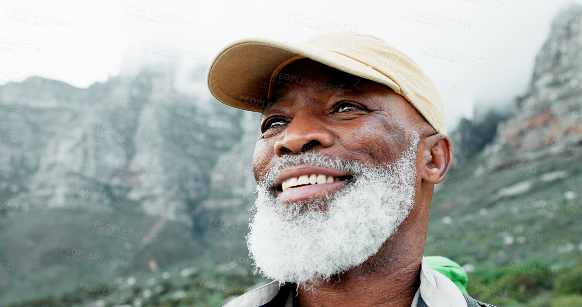 Buy stock photo View, mountain or happy black man hiking in outdoor adventure or journey in nature for travel. Face, thinking and senior person on trail walking for holiday, break or trekking to explore in France 