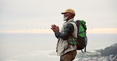 Buy stock photo Hiking, senior and black man on mountain for trekking adventure, journey and workout for health management. Elderly person, thinking and break for breathing fresh air, exercise and nature environment