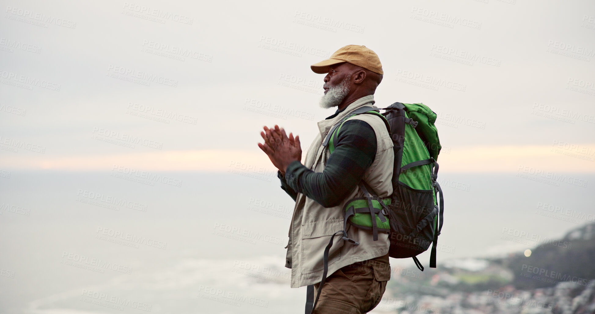 Buy stock photo Hiking, senior and black man on mountain for trekking adventure, journey and workout for health management. Elderly person, thinking and break for breathing fresh air, exercise and nature environment