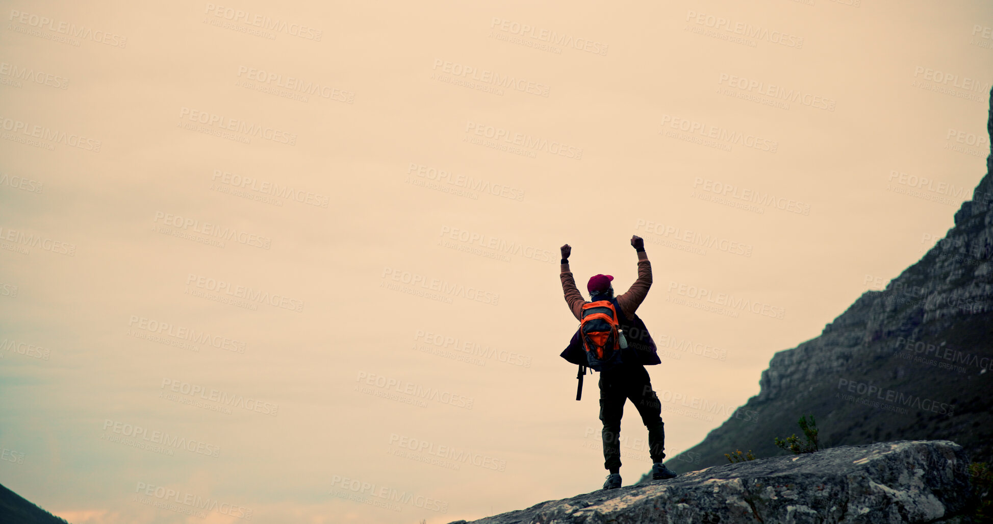 Buy stock photo Man, hiker and success with mountain in nature, body exercise and adventure for wellness or cardio activity. Sky, fitness and backpack person outdoor, challenge and achievement or horizon for win