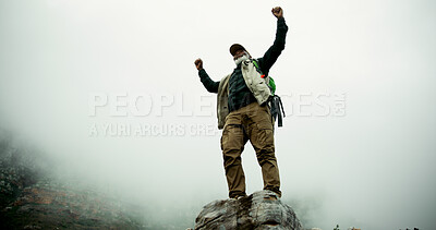 Buy stock photo Space, mountain peak or man hiking with freedom in outdoor adventure celebration in nature for travel. Success, low angle and excited person on hill for winning, achievement or trekking on sky mockup