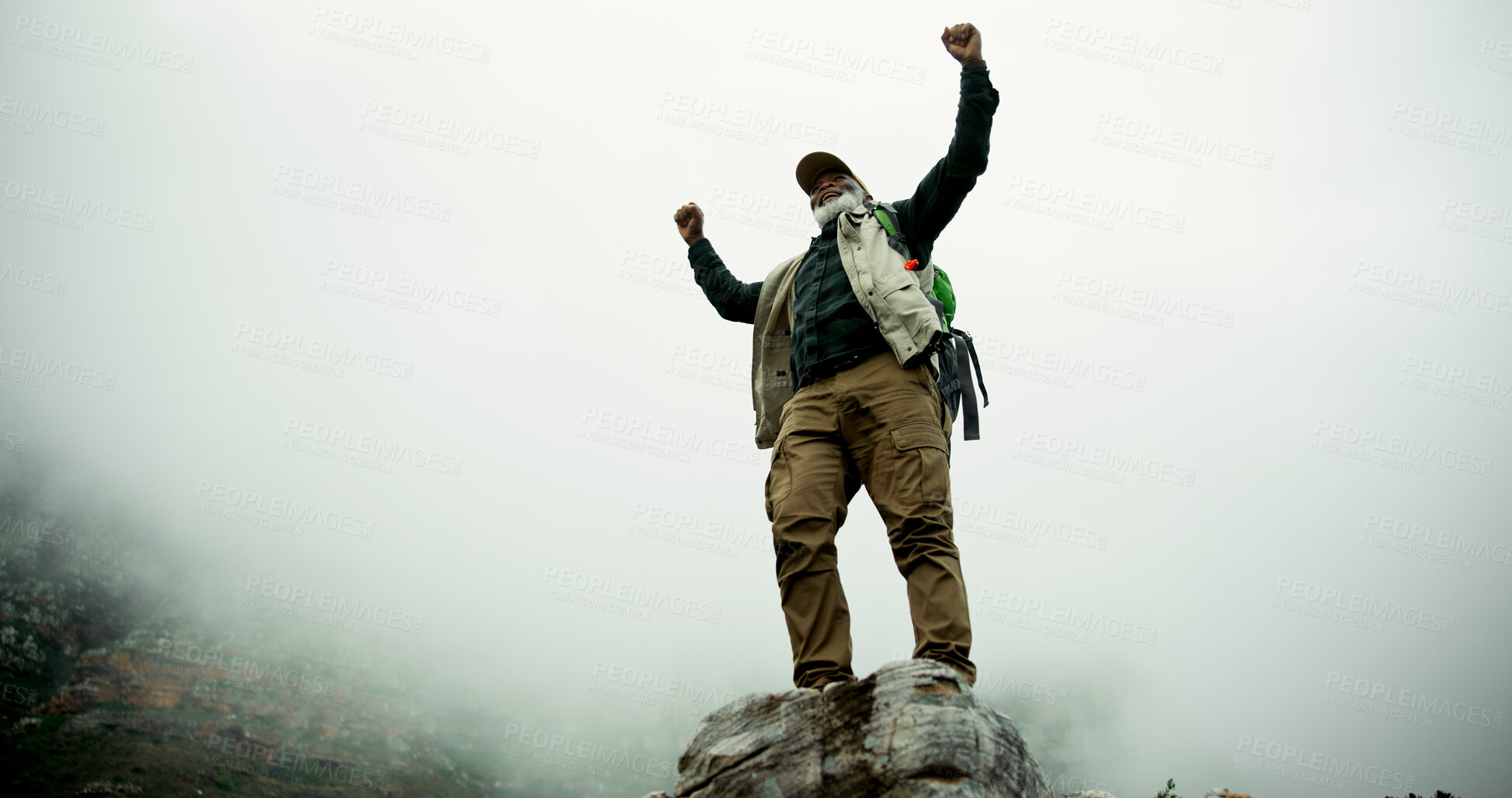 Buy stock photo Space, mountain peak or man hiking with freedom in outdoor adventure celebration in nature for travel. Success, low angle and excited person on hill for winning, achievement or trekking on sky mockup