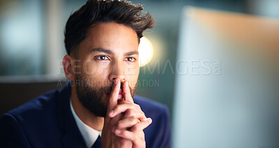 Buy stock photo Businessman, thinking and computer at desk in office for problem solving, trading solution or stock market ideas. Employee, trader and planning at night with cryptocurrency contemplation and strategy