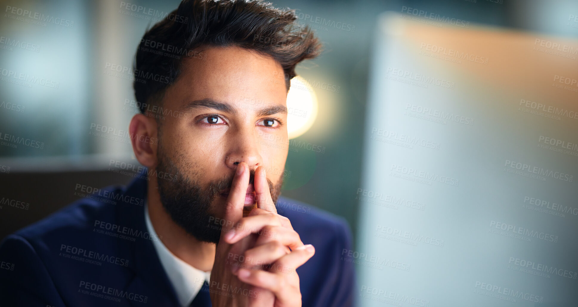 Buy stock photo Businessman, thinking and computer at desk in office for problem solving, trading solution or stock market ideas. Employee, trader and planning at night with cryptocurrency contemplation and strategy