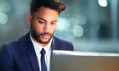 Buy stock photo Thinking, serious and man in night, laptop and test of software for cybersecurity, programmer and bokeh. Late, overtime and employee for coding of website, IT and information technology in dark