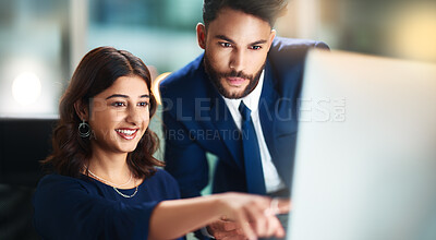 Buy stock photo Business, team and pointing at computer for news, information and positive review in office. Happy woman, man and technology on internet for financial report, corporate success and banking profit