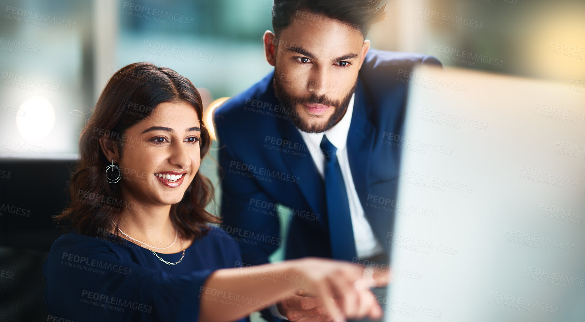 Buy stock photo Business, team and pointing at computer for news, information and positive review in office. Happy woman, man and technology on internet for financial report, corporate success and banking profit