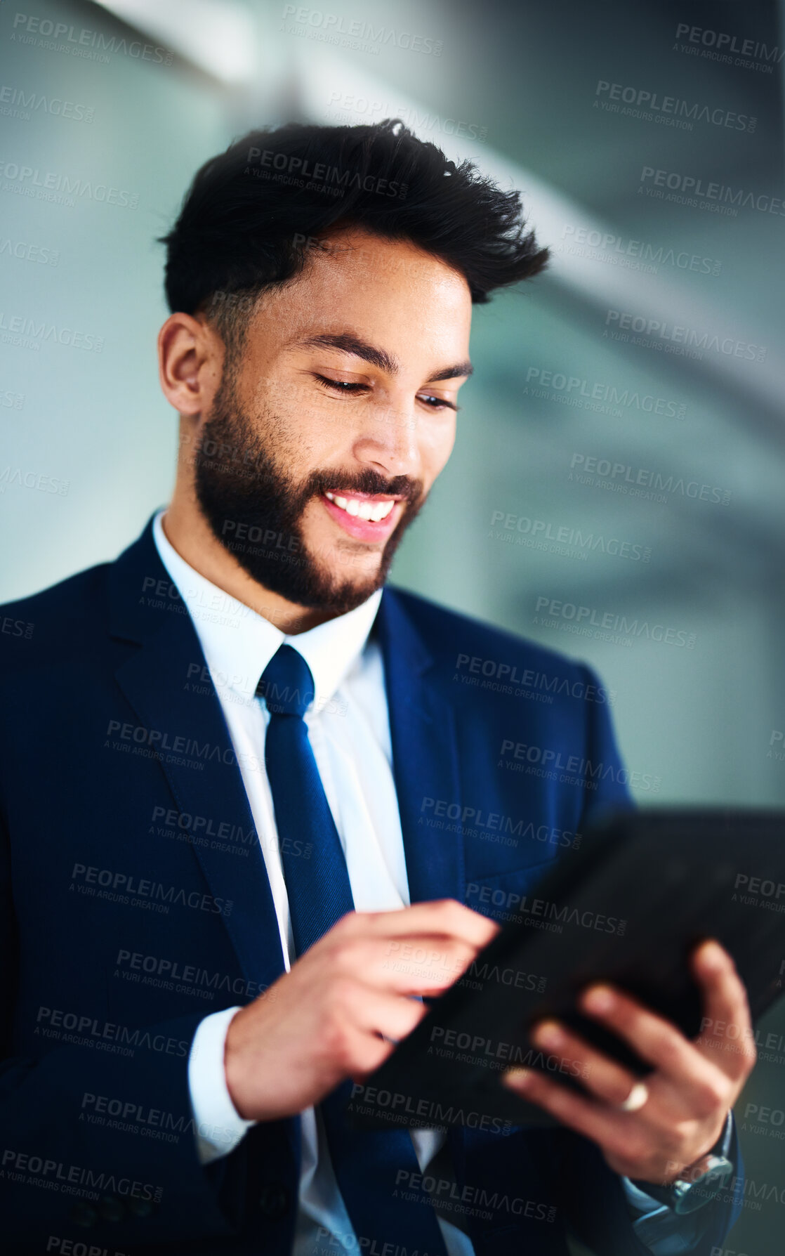 Buy stock photo Man, smile and tablet in office for business, contact and positive feedback in company. Male lawyer, tech and happy in law firm for evidence review, case information and agenda for trial in city