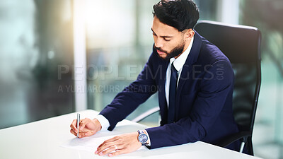 Buy stock photo Business, man and writing on document in office for legal contract, compliance report or application. Lawyer, paperwork or reading agreement letter at desk for terms and conditions or policy review