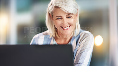 Buy stock photo Smile, reading and mature woman in night, office and happy with feedback of project, deadline or journalist. Laptop, employee and editor for article in newsroom, online or overtime of typing of story