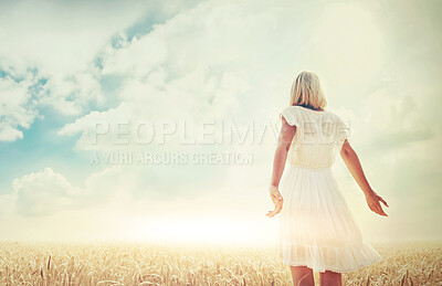 Buy stock photo Woman, relax and freedom in nature for sunshine, holiday or outdoor vacation on summer break. Rear view of female person or blonde for fun, grass or natural environment in countryside on mockup space