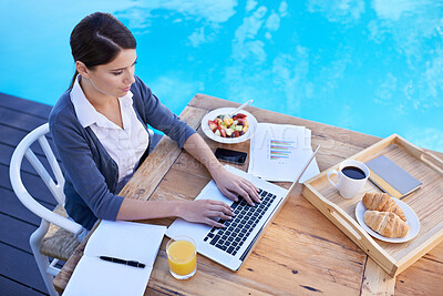 Buy stock photo Top view of woman, typing on laptop and remote work, planning day for schedule or agenda with breakfast outdoor. Research, online and technology, journalist with ideas for article and documents