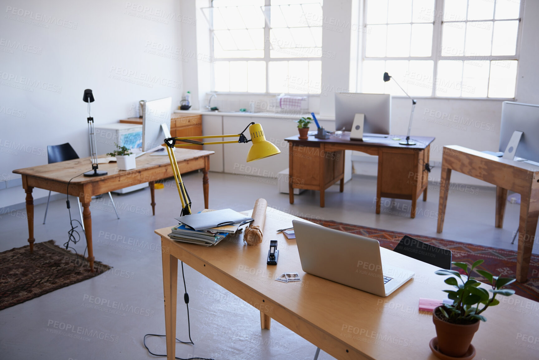 Buy stock photo Empty office, startup or laptop on desk in workplace, company or workspace room for business. Background, modern interior design or wooden table furniture with nobody or stationary in digital agency 