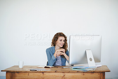 Buy stock photo Happy, woman and reading on computer for ideas, development or planning of online magazine or creative project. Visual editor, worker or graphic designer thinking of business website and social media