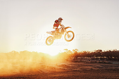 Buy stock photo Person, jump and motorcyclist with sunset for trick, stunt or ramp on mockup or outdoor dirt track. Expert rider on motorbike in the air with lift off for extreme sports or rally challenge in nature