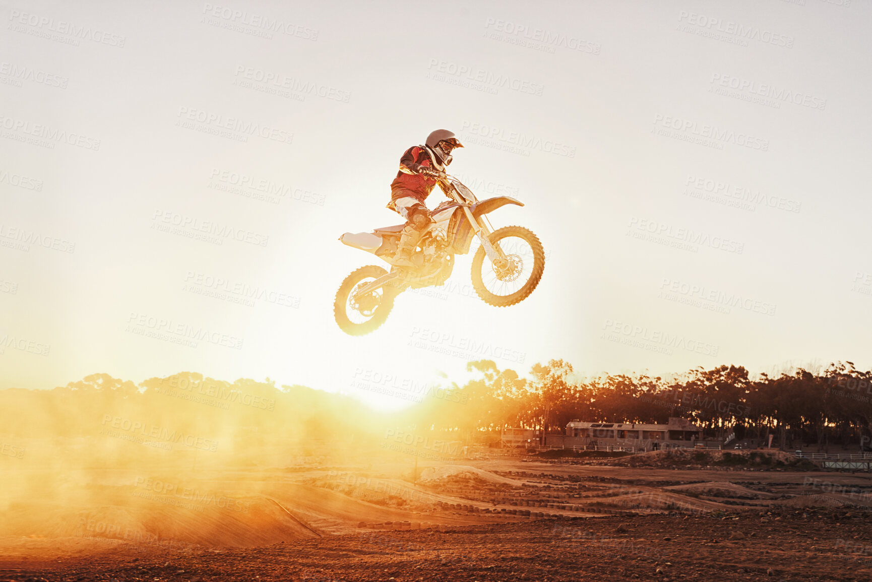 Buy stock photo Person, jump and motorcyclist with sunset for trick, stunt or ramp on mockup or outdoor dirt track. Expert rider on motorbike in the air with lift off for extreme sports or rally challenge in nature