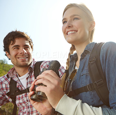 Buy stock photo View, binocular or happy couple hiking in park or mountain for travel or outdoor adventure in woods. Watching, hill or people sightseeing together on holiday vacation, trip or break to explore forest