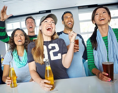 Buy stock photo Pub, soccer and group of fans cheering with beer watching sports match with happiness for winning goal. Support, alcohol and friends streaming broadcast television of football game for league in bar.