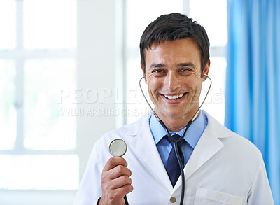 Buy stock photo Cardiologist, man and happy portrait with doctor, stethoscope and medical instrument in check up. Heart rate, monitor and wellness service in clinic employee, professional and health consultation