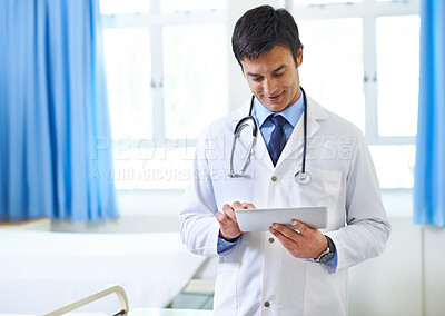 Buy stock photo Doctor, tablet and healthcare chart on clinic website, update and man for review medicine to help. Male person, physician and medical support for treatment or diagnosis, surgery schedule and news