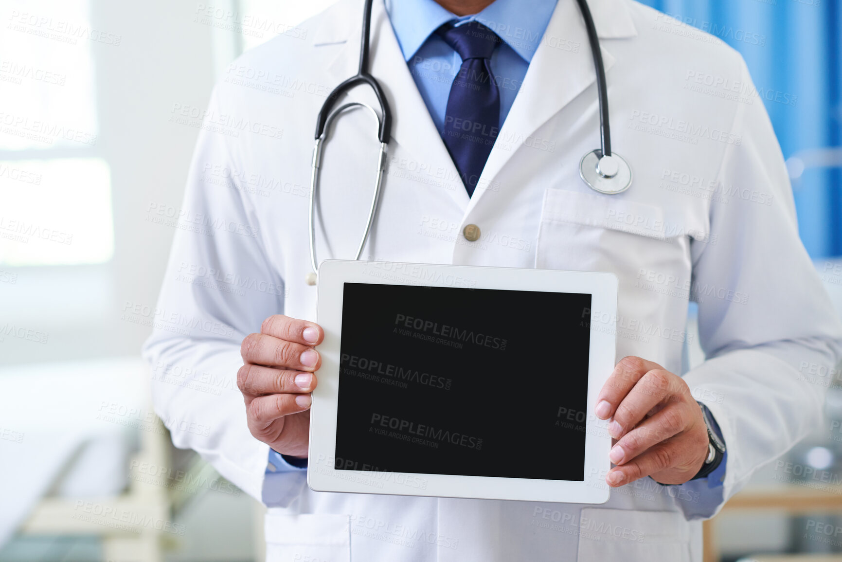 Buy stock photo Hands, medical and tablet screen with doctor person in hospital closeup for appointment or checkup. Healthcare, insurance or mockup space on display with medicine information in clinic for consulting